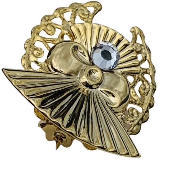 Vintage Jane Clear Faceted Glass Fan Paisley Shiny Yellow Gold Tone Brooch - Picture 2 of 6